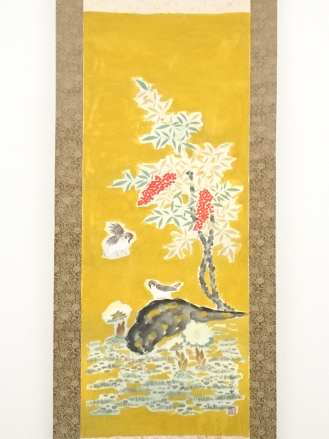 JAPANESE HANGING SCROLL / HAND PAINTED / SPARROW & HEAVENLY BAMBOO